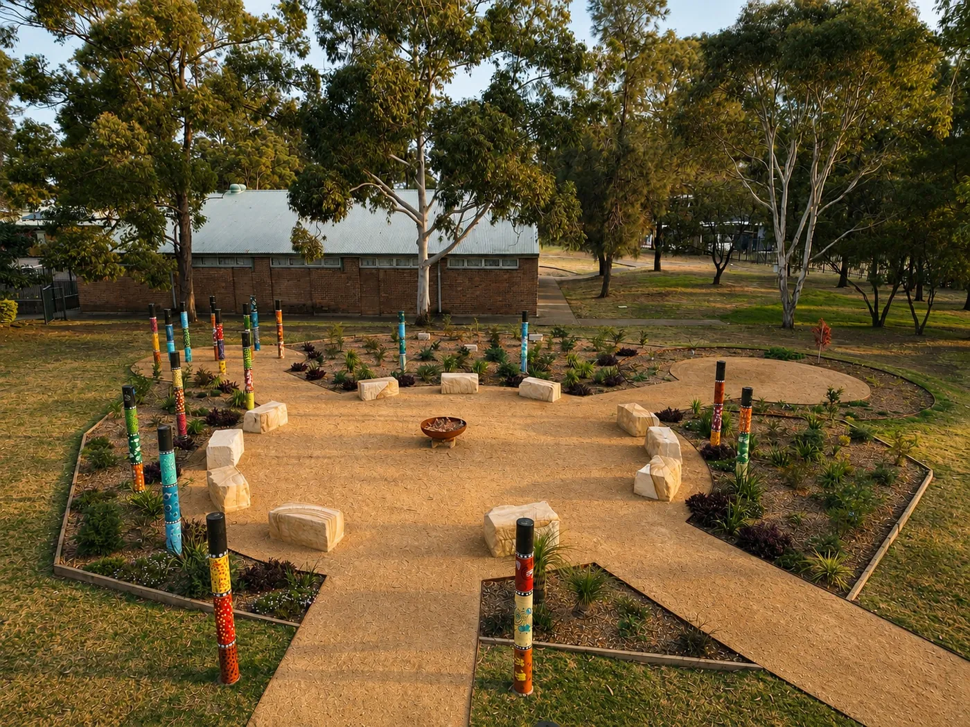 Yarning circle with painted poles and sandstone seating at Lethbridge Park Public School