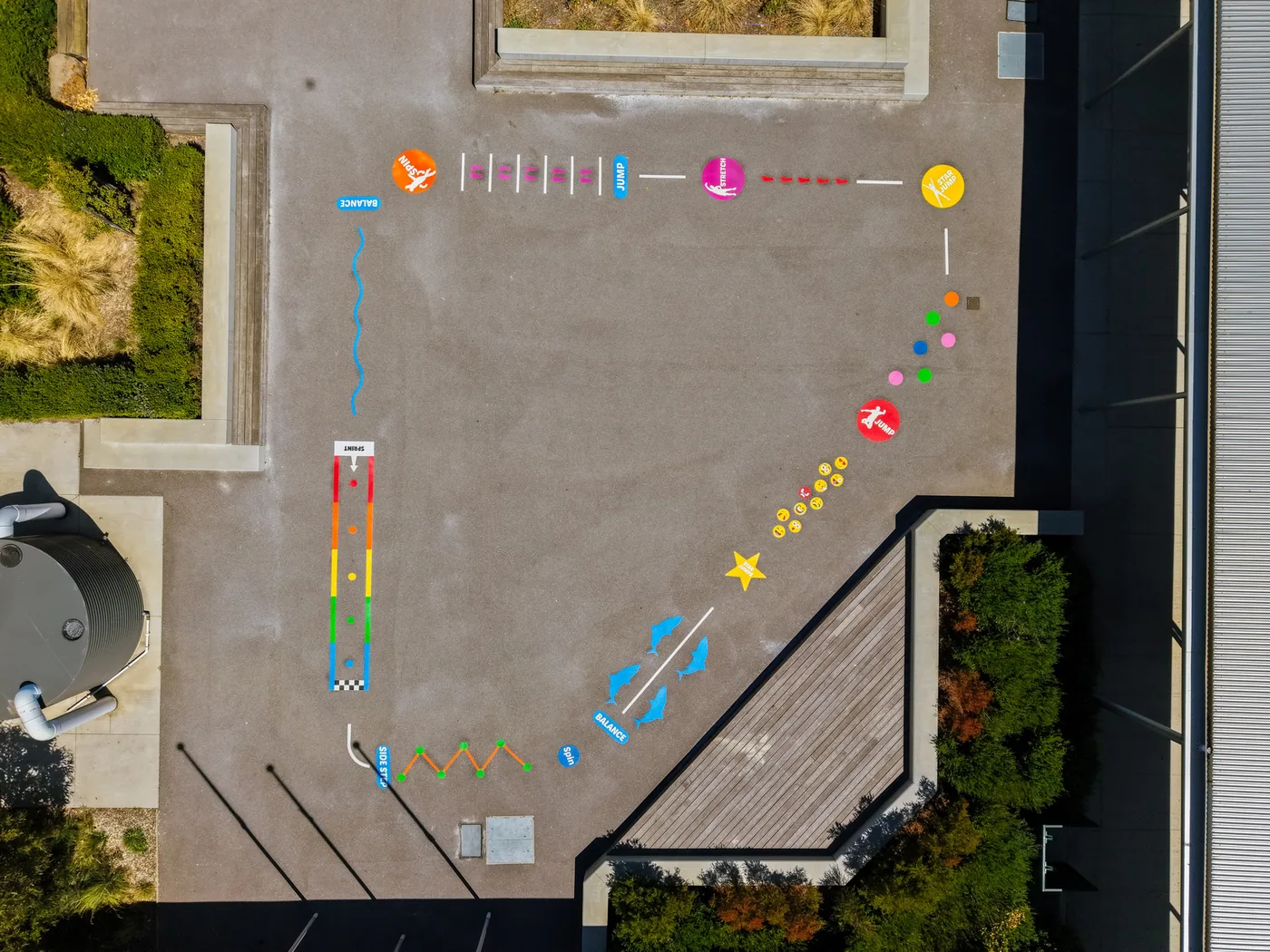 Aerial view of thermoplastic playground markings at Quarters Primary School
