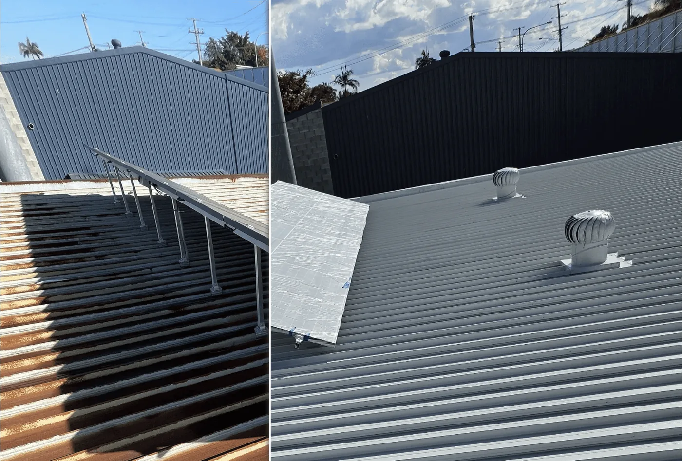 School roof before and after a reflective cool roof coating